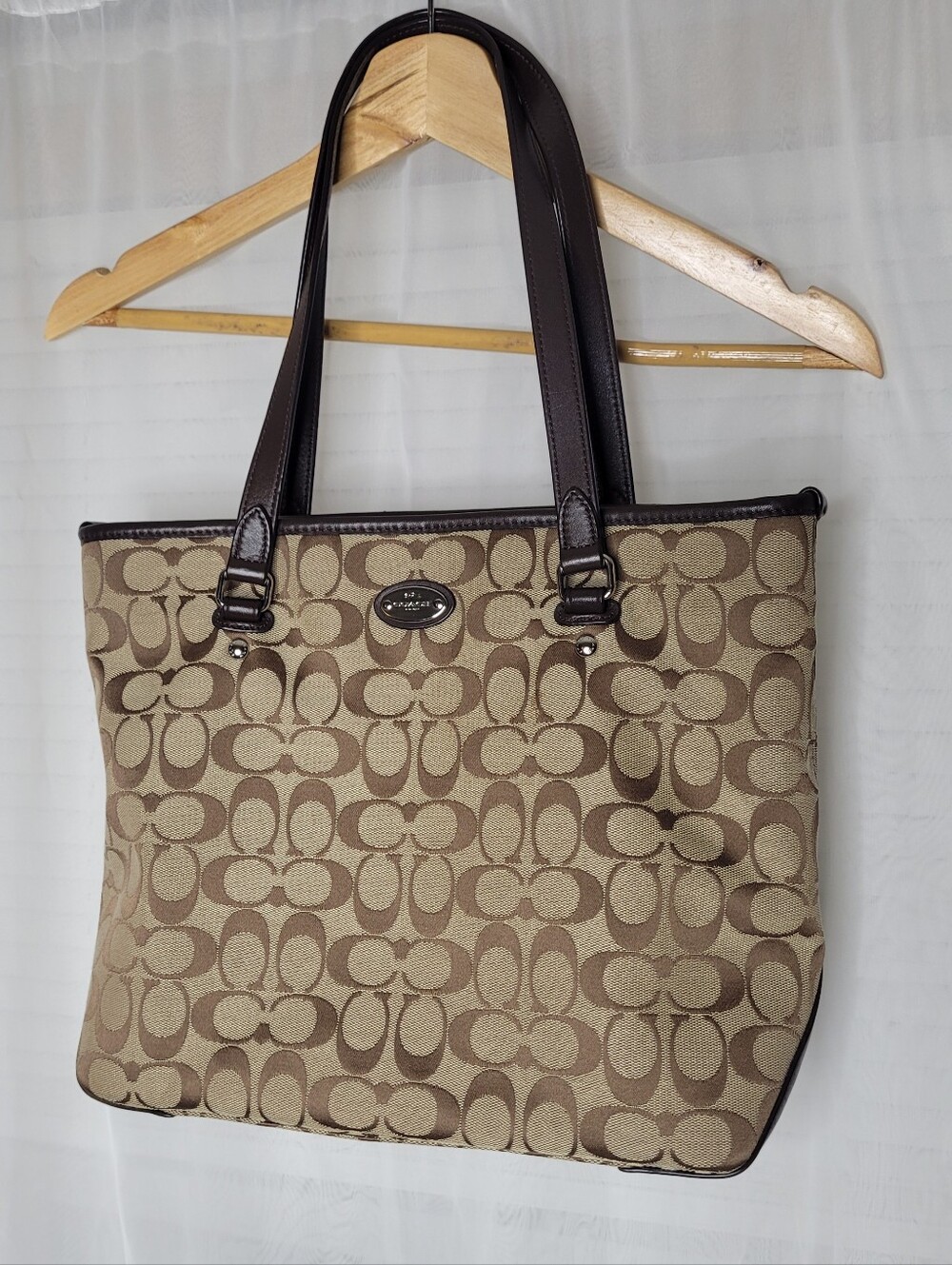 Authentic Coach Signature Zip Top Tote Canvas Leather Shoulder Bag F36375